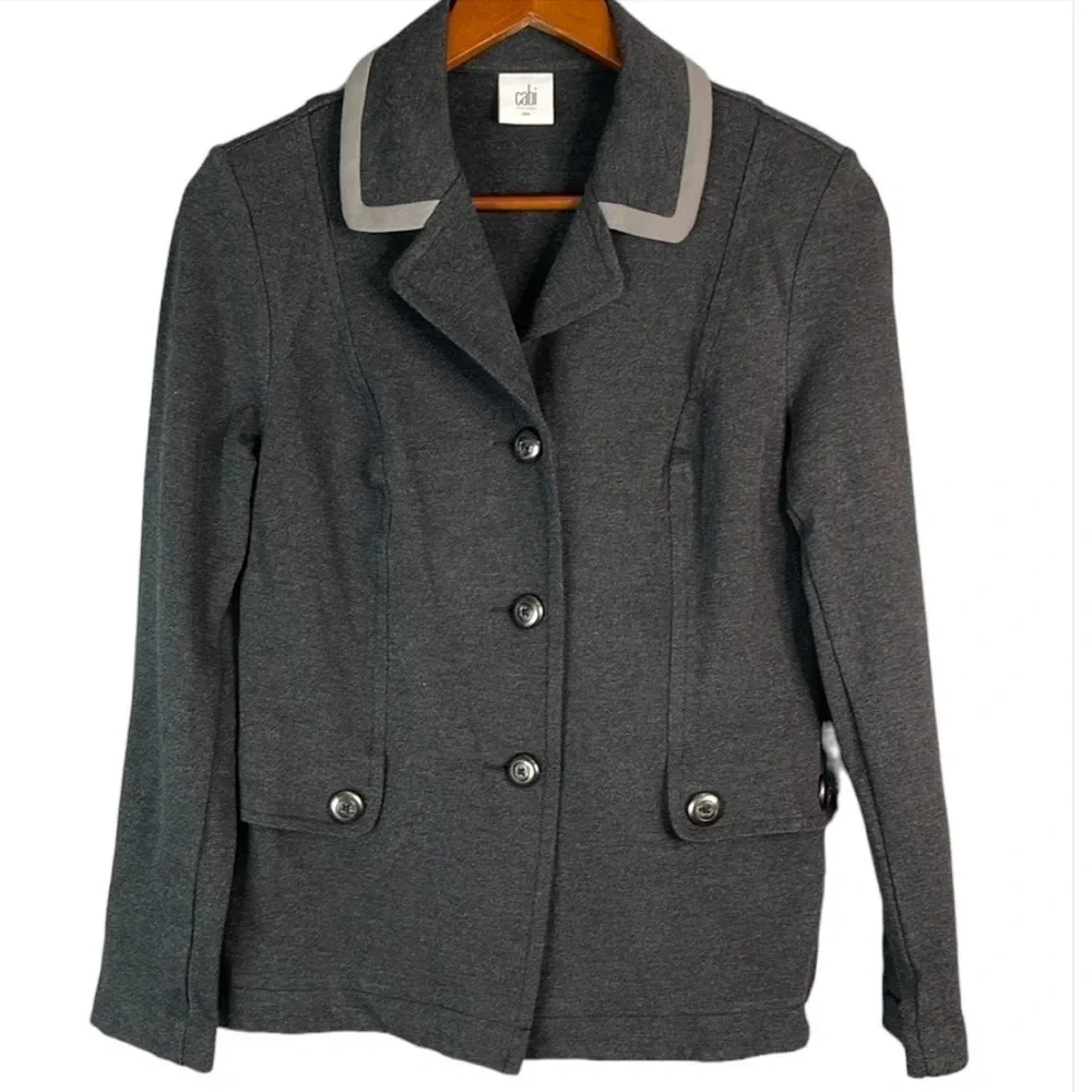 CABI Grey Crew Blazer Contrast Pipe Collar Pont Twill Single Breasted Preppy S - Picture 2 of 13